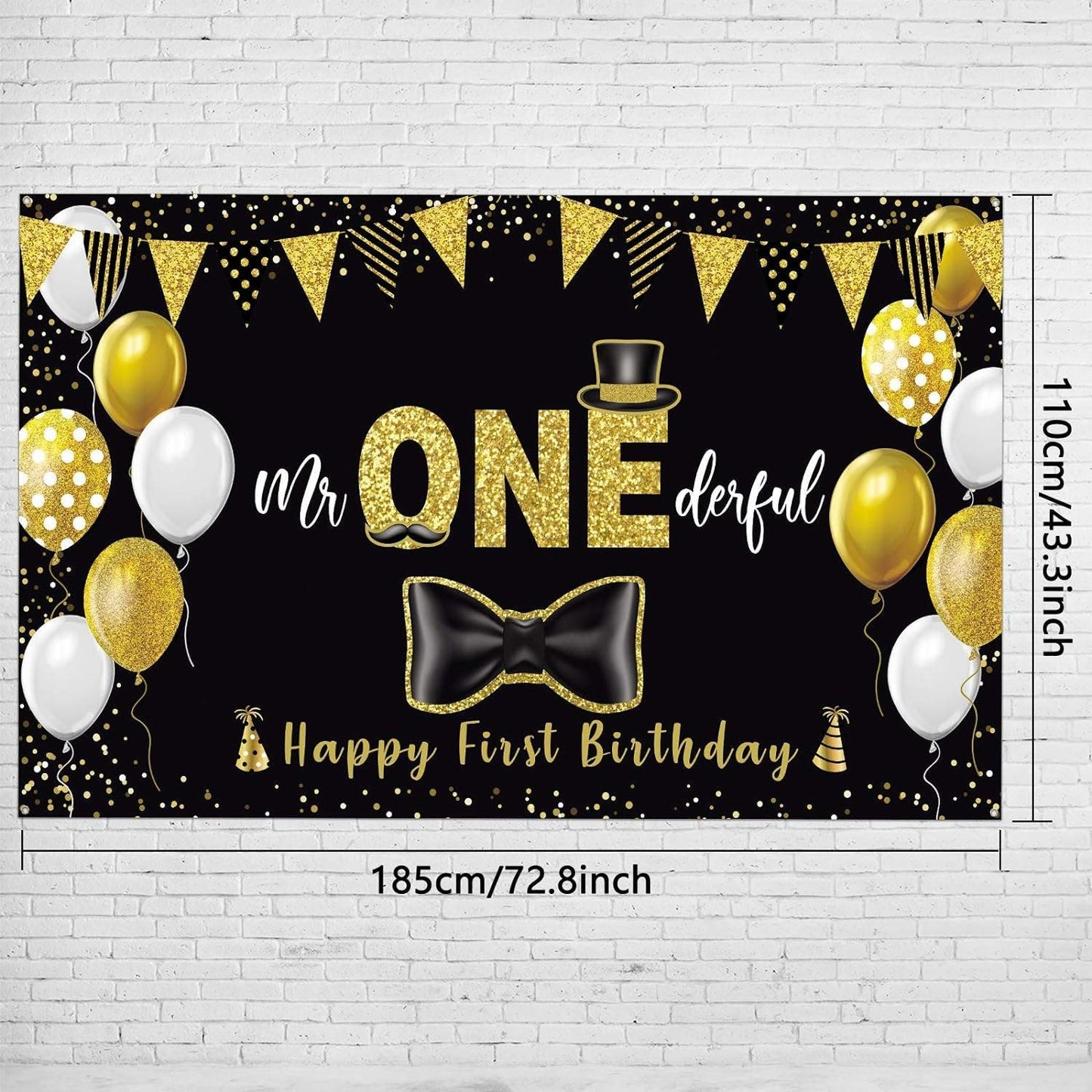 Black/Gold Mr ONEderful Happy First Birthday Banner 72.8"W x 43.3"H