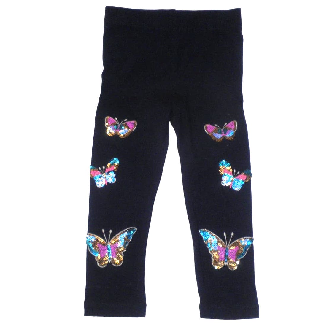 Girls Leggings Black Sequin Butterflies Stretch Pants Comfortable Bottoms, 2T