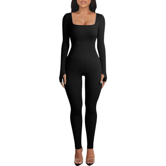 OEAK Womens Yoga Jumpsuit with Tummy Control Long Sleeve Unitard Casual Ribbed Rompers High Waisted One Piece Workout Bodycon Black M, NWT