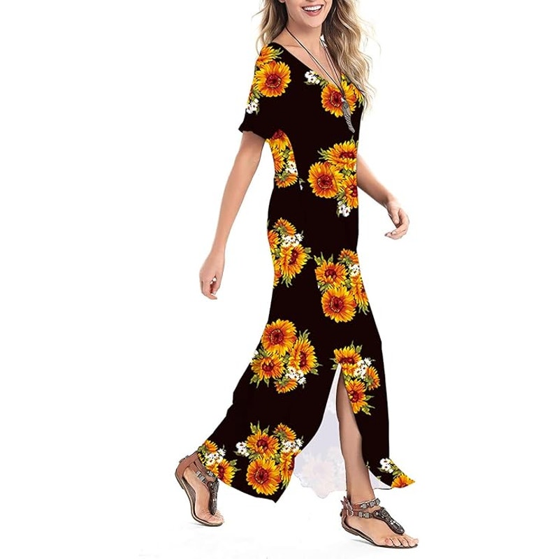 Grecerelle V-Neck Casual Maxi Dress S/S Split Summer Dress w/ Pockets, XS (0-2)