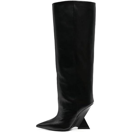 Kluolandi Knee High Boots Sexy Pointed Toe Pull On Strange Wedge Heel Black, 8