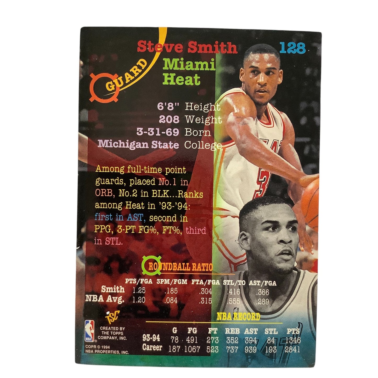 Steve Smith, Miami Heat, 1994 Topps Stadium Club TSC NBA Card 128, EXC