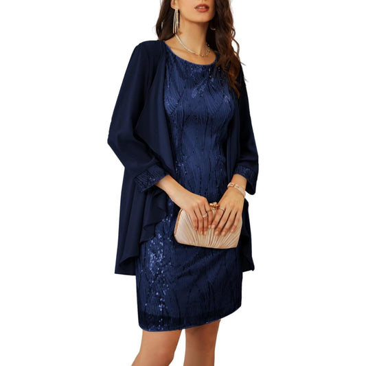 Sequin Dress Sleeveless Sequins Glitter Dress w/ Jacket Cover, Blue, M (8-10)