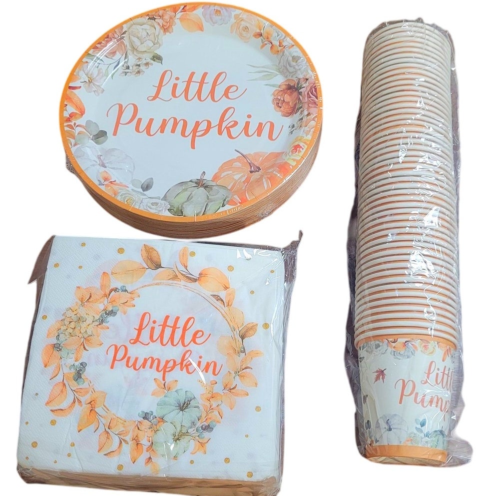 150 Pcs Little Pumpkin Disposable Serving Set, 50 Each- Plates, Napkins, Cups