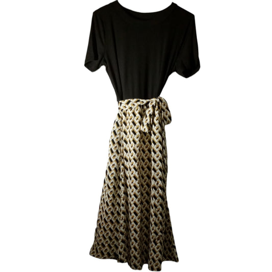 Modest Midi Dress, Black/Browns, Medium, Stretch Jersey Top w/ Geo Design Skirt