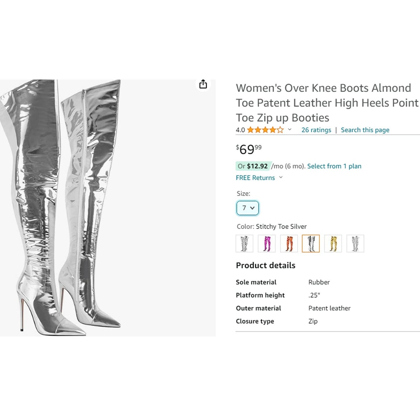 Over Knee Boots Almond Toe Patent Leather High Heels Point Toe Zip up Boots