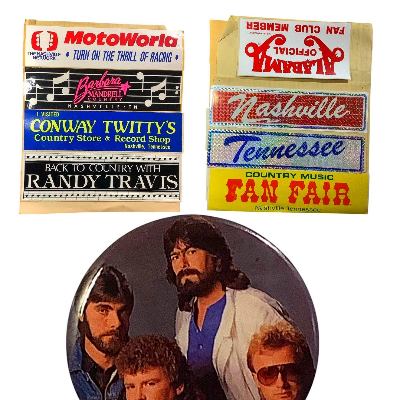 Vintage 1970's 1980's Country Bumper Stickers (8) and an Alabama Pin Button (1)