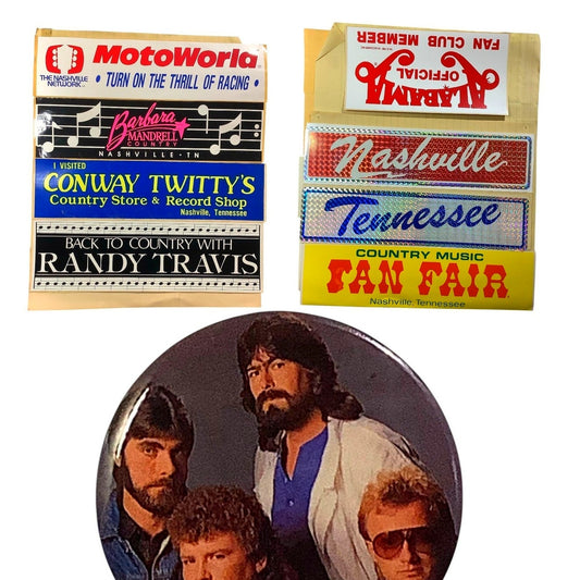 Vintage 1970's 1980's Country Bumper Stickers (8) and an Alabama Pin Button (1)