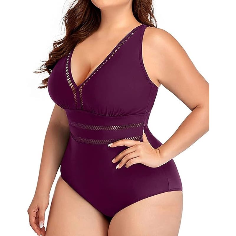 Daci Maroon Plus Size One Piece Swimsuits Sexy V Neck Backless Bathing Suit 24W