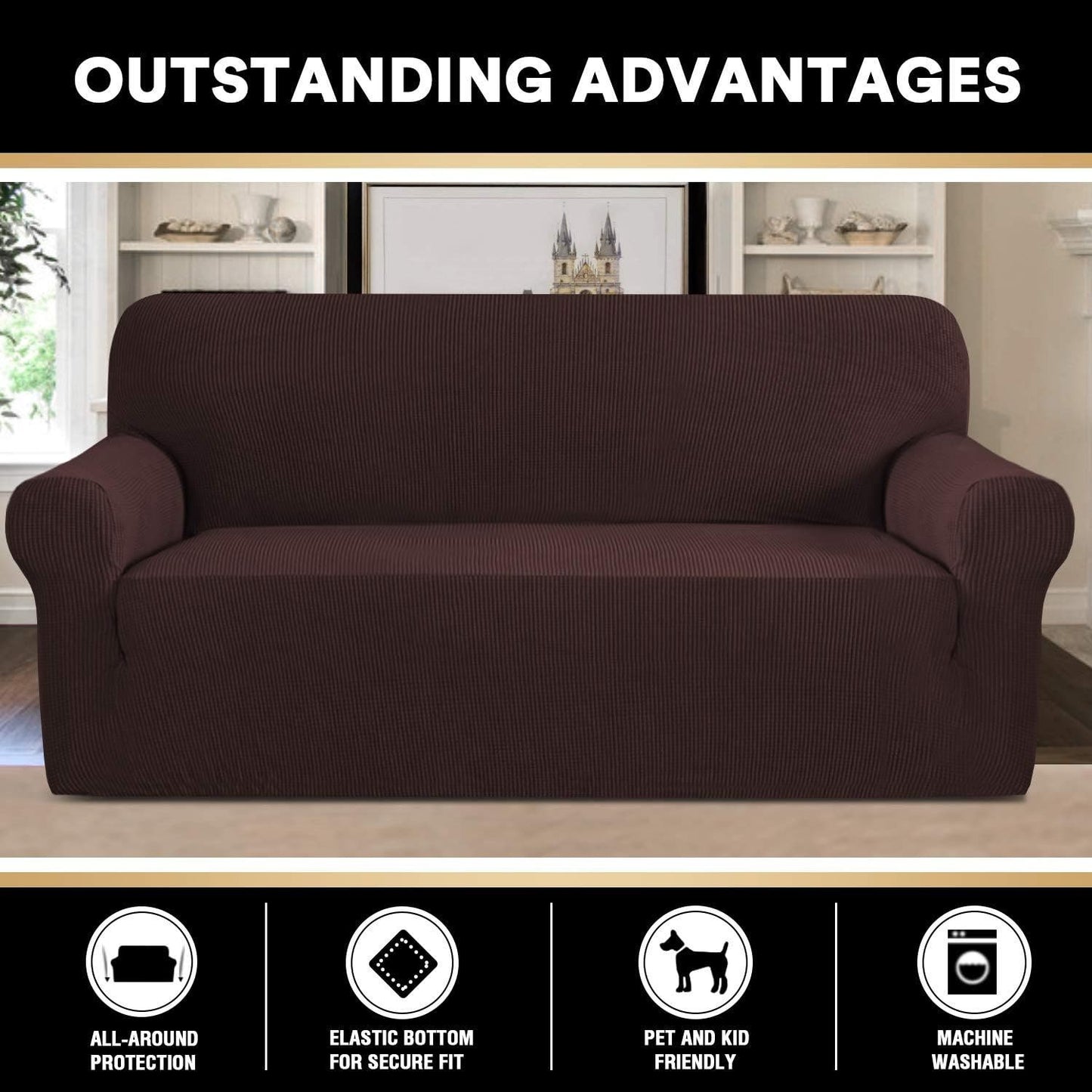 Couch Covers (1 Piece) 3 Cushion Couch, Stretch Non-Slip Elastic, Brown, 74"-88"
