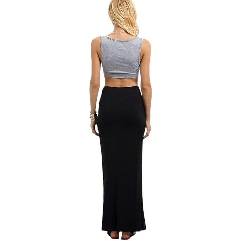 Verdusa Women's Solid Color High Waist Side Split Maxi Skirt, Black, Small