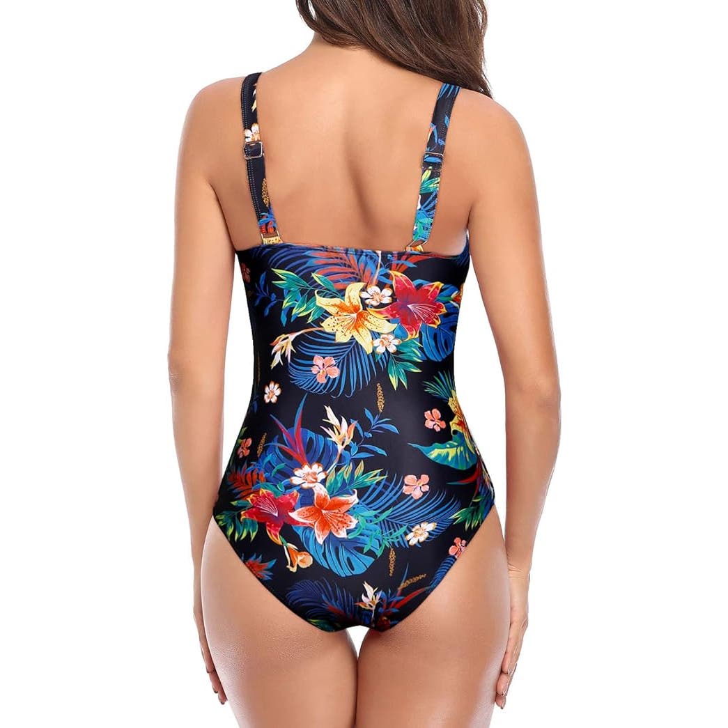 Tempt Me Black Blue Floral Ruched Slimming One Piece Tummy Control 18W