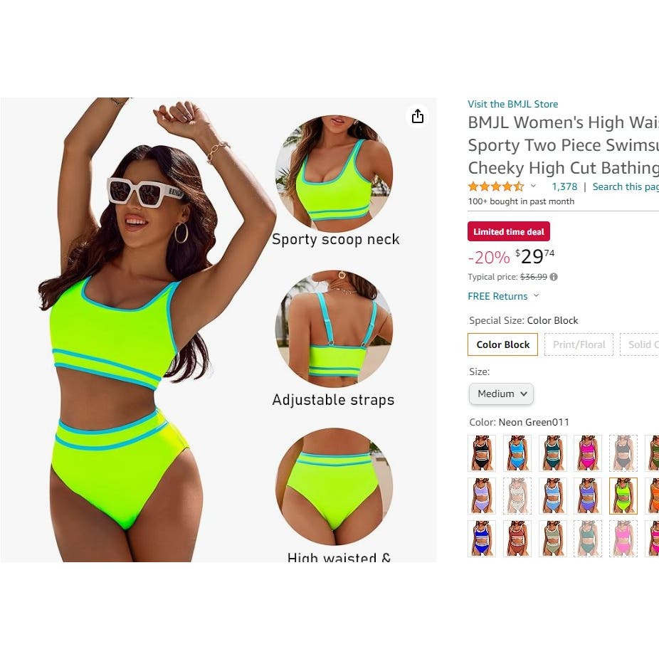 High Waisted Bikini Set, Two Piece, Color Block Cheeky High Cut, M, Neon Green