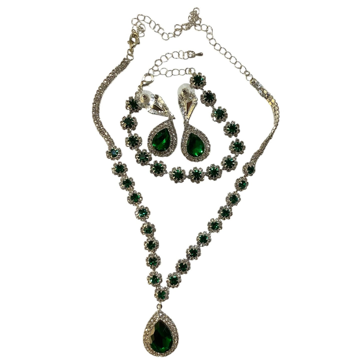 3-PC Set, Green Crystal Rhinestone Teardrop Dangle Earrings, Necklace & Bracelet