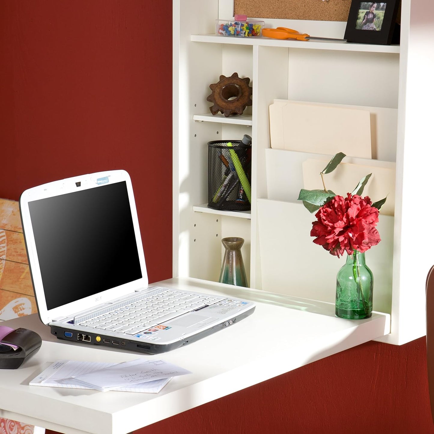 Floating Fold Down Desks with Built-In Storage, Antique White 36"D x 22"W x 58"H