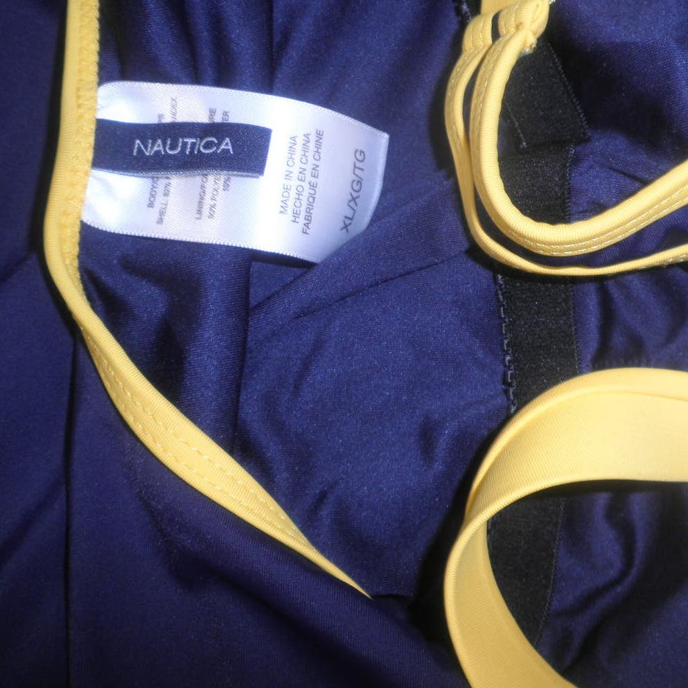 Nautica One Piece Bathing Suit, Navy/Yellow Binding Mio Tummy Control, XL 36C/D