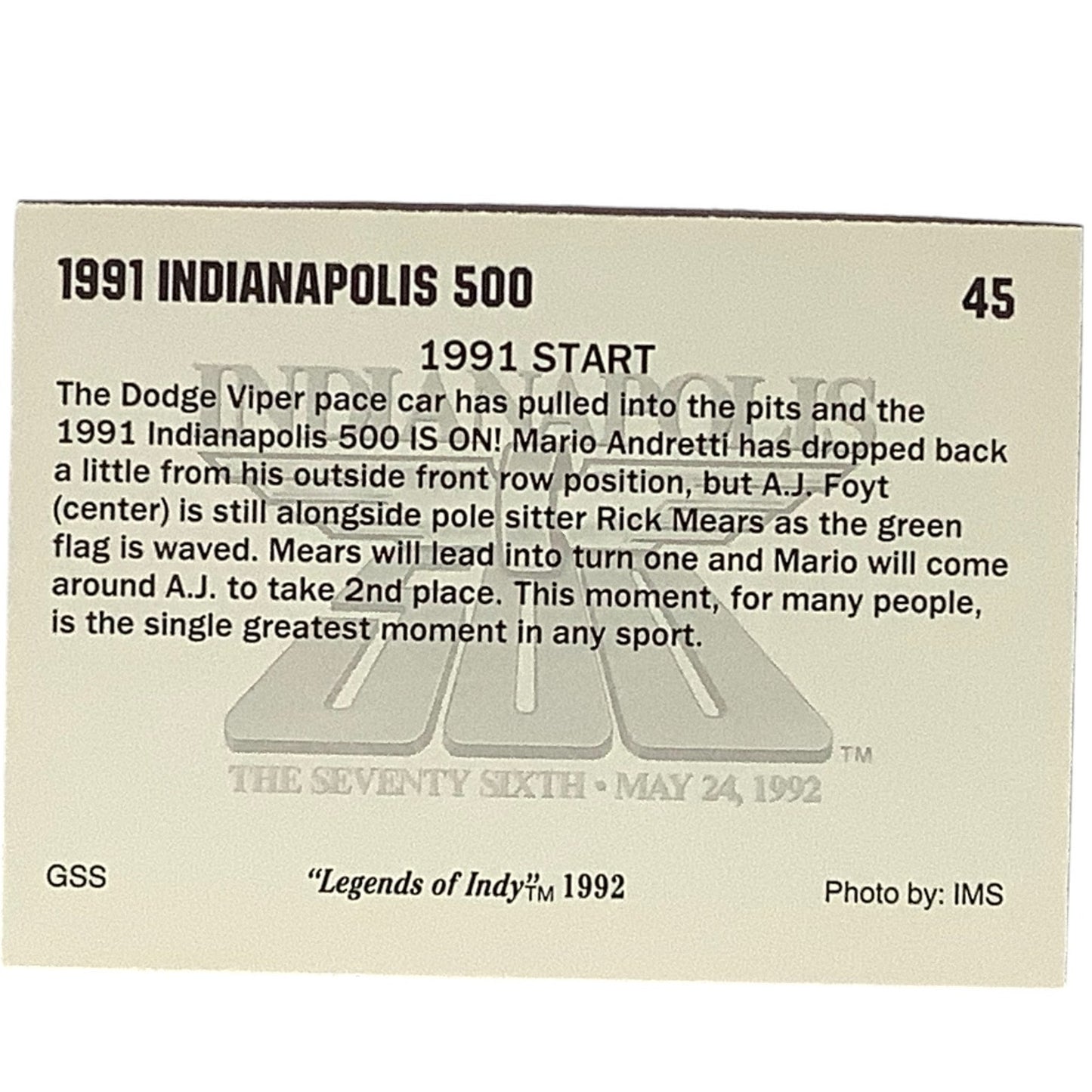 1991 Start Indianapolis 500 Race Action, 1992 Legends of Indy Card 45, NM+