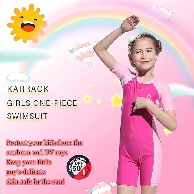 Karrack Girl's One Piece Rash Guard Water Sport Short UPF 50+ Pink, Sz 13-15 Yrs