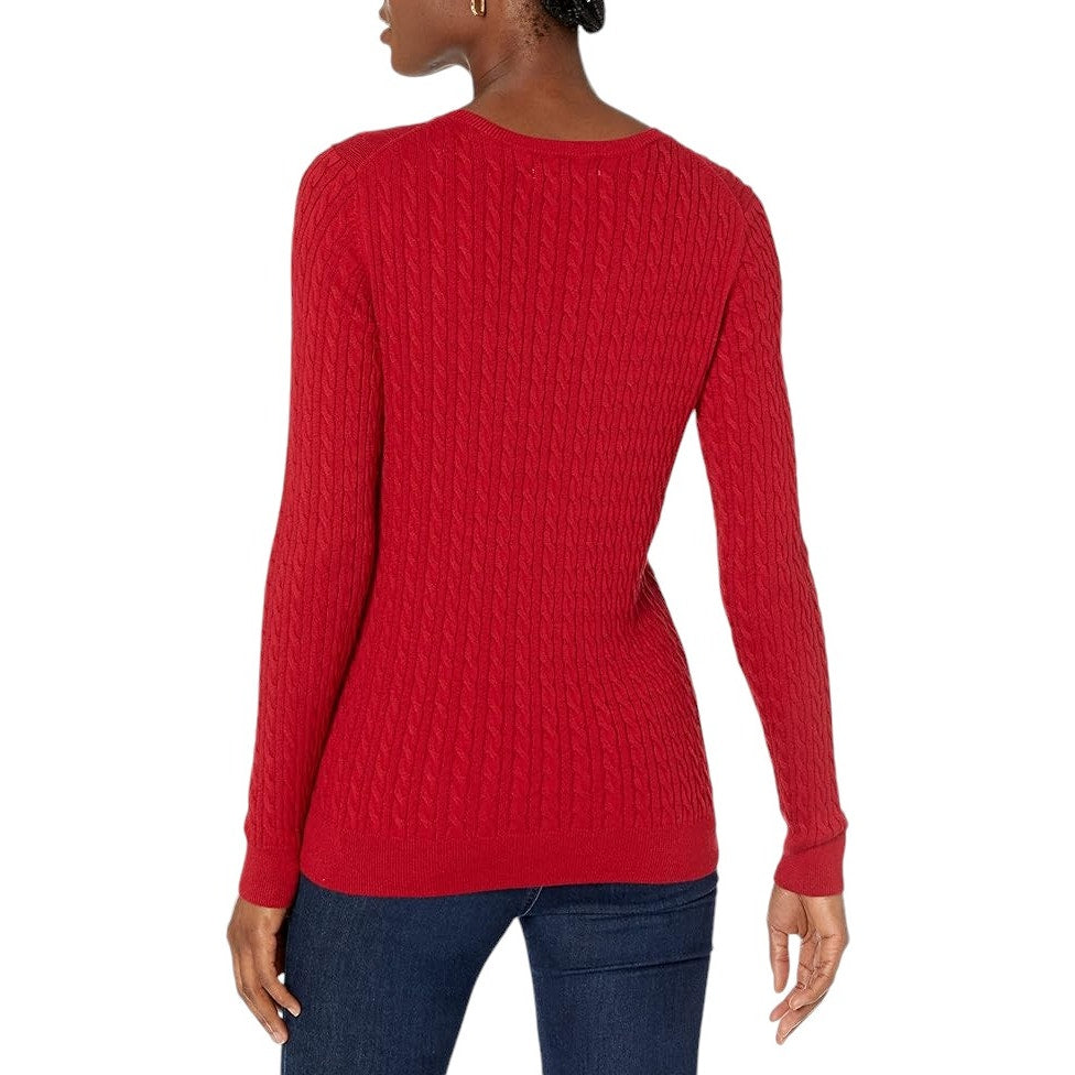 Women's Lightweight Long-Sleeve Cable Crewneck Sweater, Red, Small