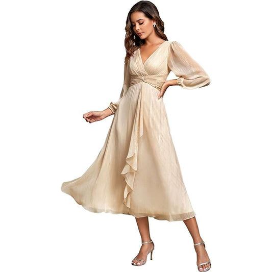 Ever-Pretty Elegant A Line Ruched V Neck L/S Tea-Length Dress, Champagne, 8