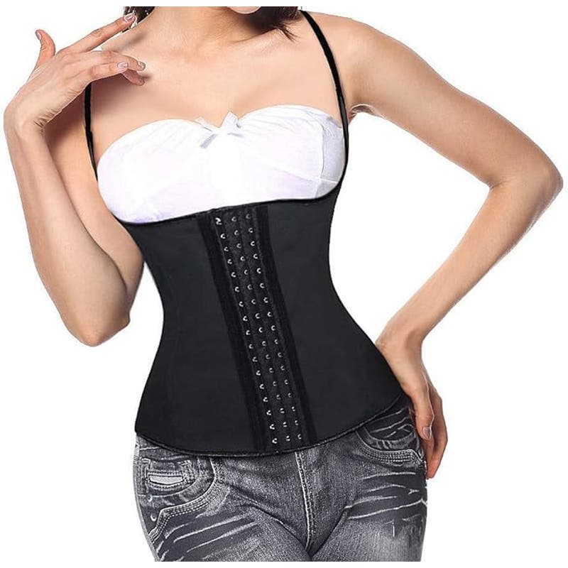 Steel Boned Latex 3 Rows of Hooks Body Shaper Corset Vest Halter-Latex- Black XL