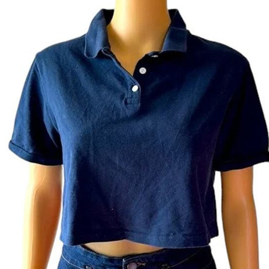 Wild Fable Women's Polo Style Cropped Top, 3-Button Shirt, Navy Blue, Small