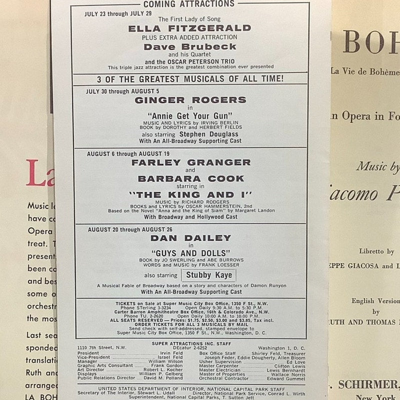 Souvenir Libretto, La Boheme, 1954 & a Playbill La Boheme in NYC, July 19 1962