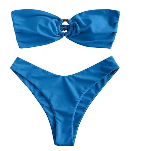 ZAFUL Bandeau Bikini O Ring Strapless Tie Back High Cut Two Piece, Blue, S (4)