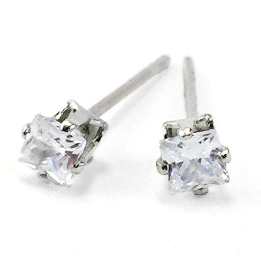 CUBIC ZIRCONIA EARRINGS CQS3 3mm Square Silver Tone Post/Back Lead & Nickel Free