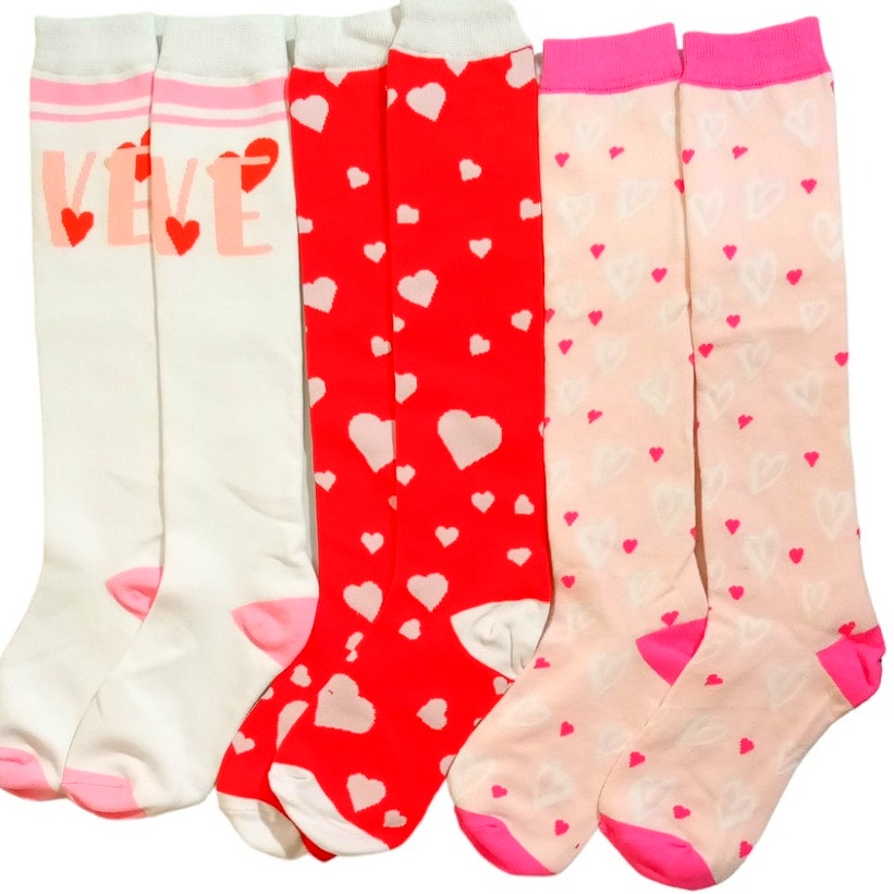 3 Pairs Jeyiour Heart/Love/Sweatheart Knee-High Socks, One Size (Shoe Size 5-9)