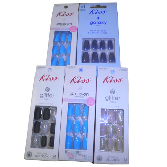 5 Packages (24 CT) Kiss Press on (3) and One-Step Salon (2) Nails, 5 Boxes of 24