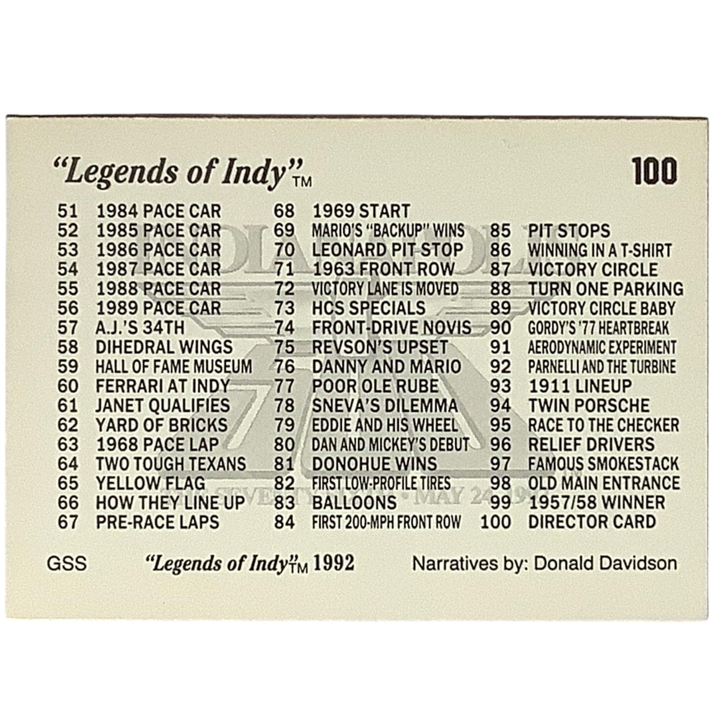 Director Card / Checklist. 1992 Legends of Indy, Card 100, NM+