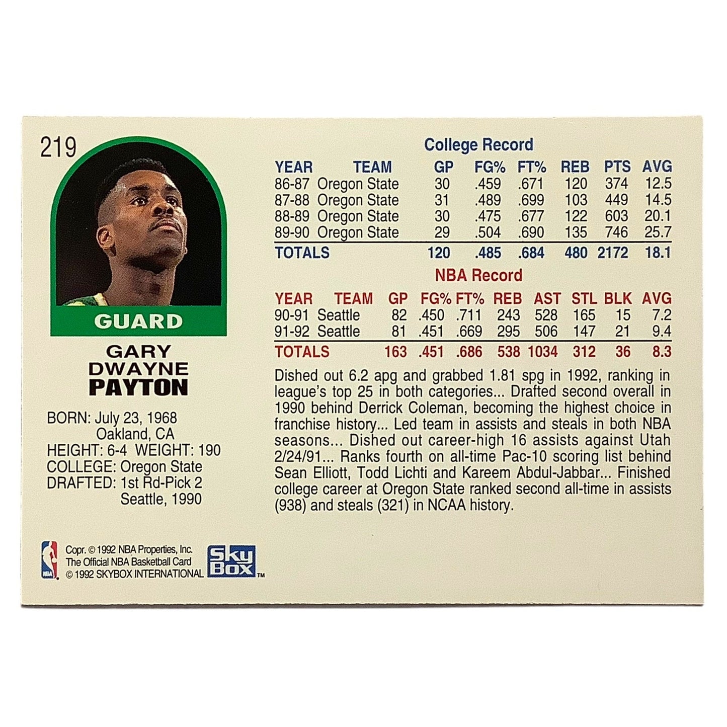 Gary Payton (G), Card #219, Seattle Supersonics, 1992 Skybox NBA Hoops