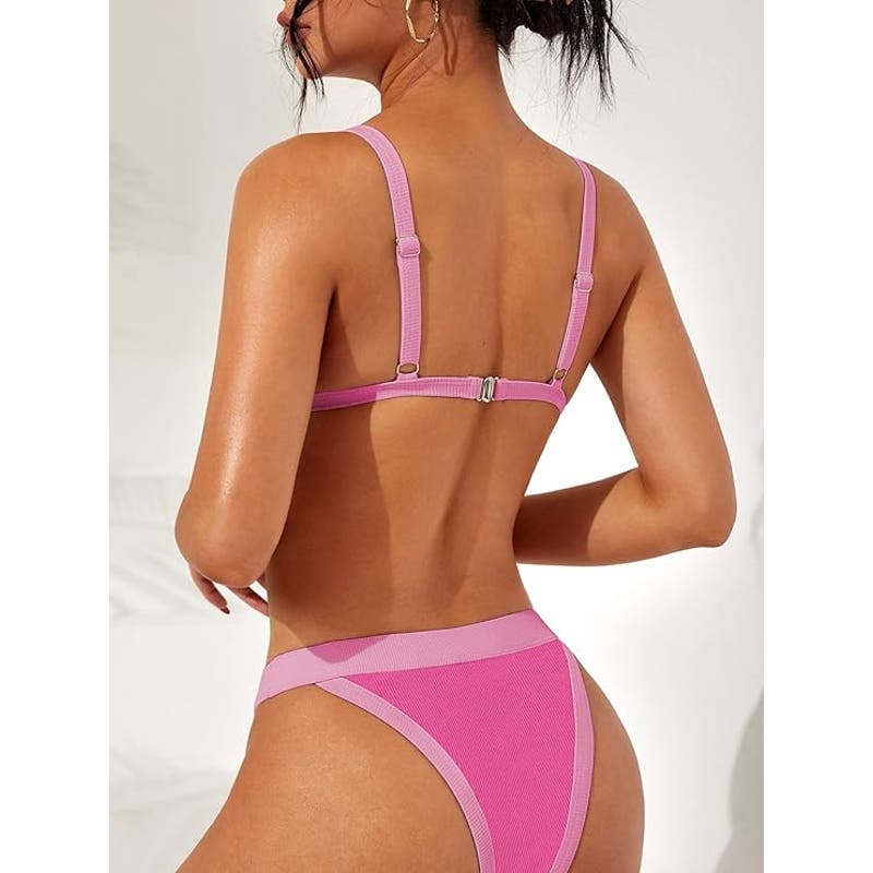 Swimall Triangle Bikini Set Brazilian Sporty Two Piece Swimsuit - Pink - Large