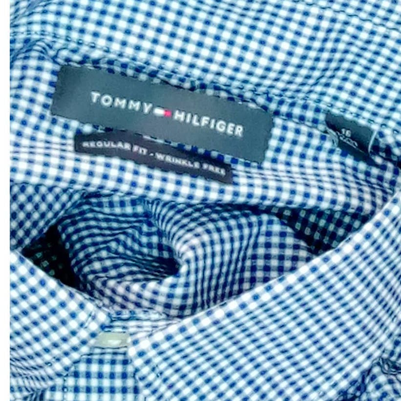 Tommy Hilfiger Shirt Regular Fit Non Iron Gingham, Navy, 16" Neck 32"-33" Sleeve