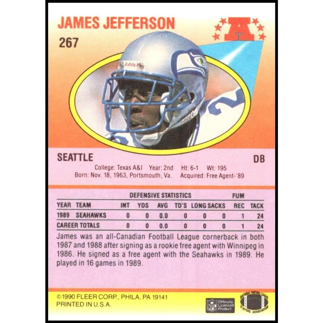 1990 Fleer Football #267 James Jefferson Seattle Seahawks, NFL Trading Card