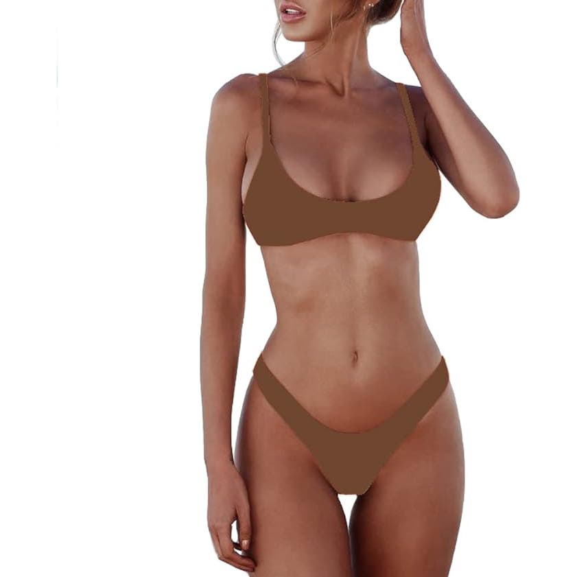 SherryDC Solid Scoop Neck Push up Padded Brazilian Thong Bikini, Brown, L