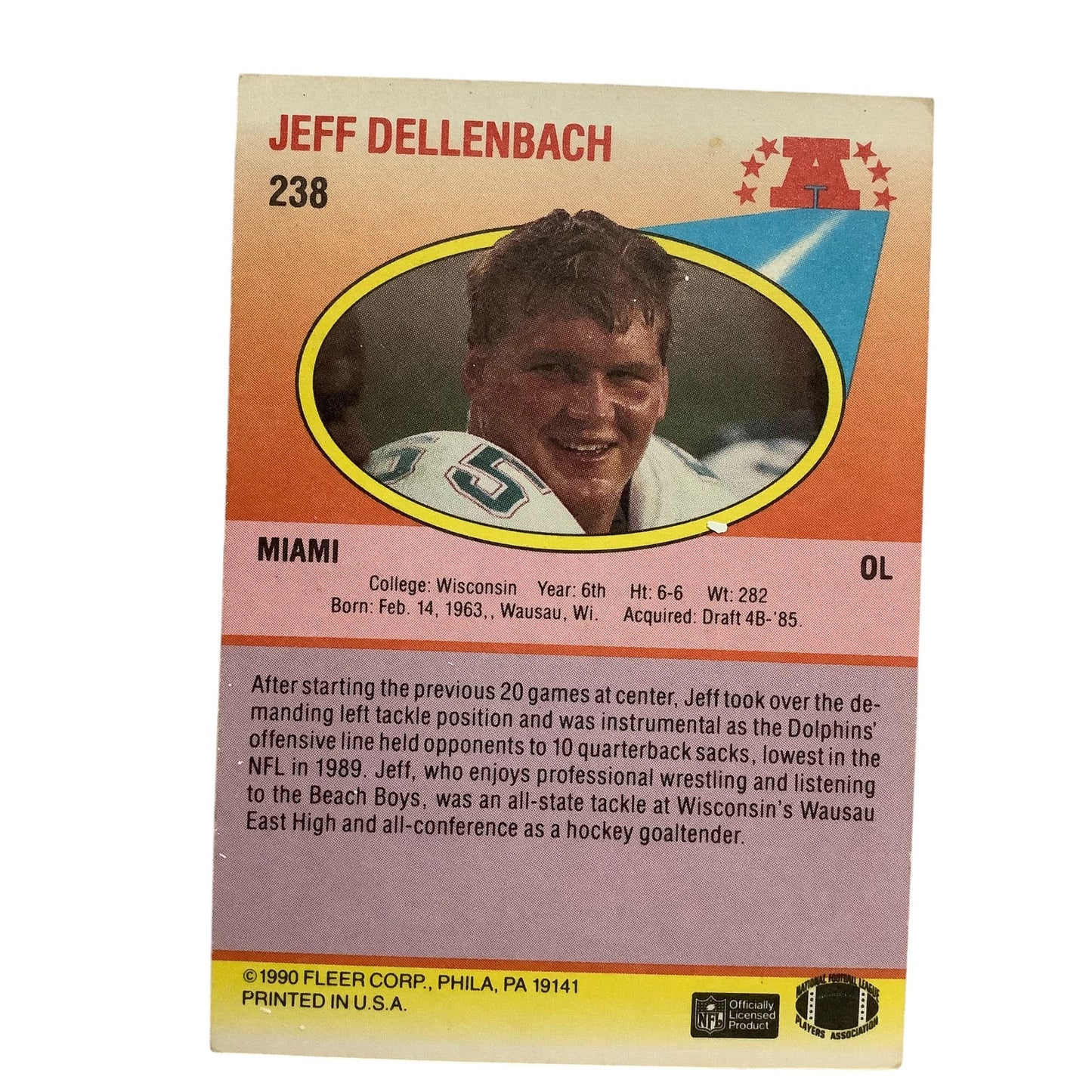 Jeff Dellenbach, Miami Dolphins, 1990 Fleer NFL Card 238, EXC