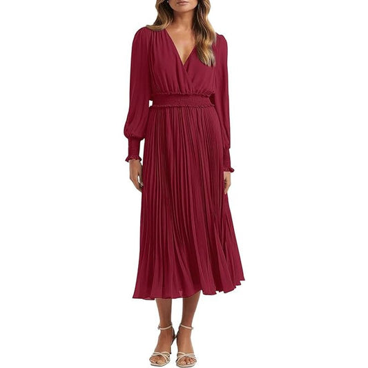 Wrap V Neck Spring Dress 2024 L/S Smocked Flowy Pleated Midi Dress, Wine Red, XL