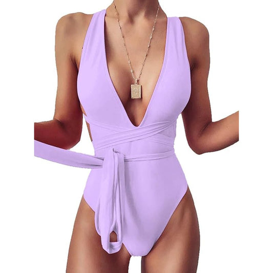 Sexy Tie Criss Cross Plunge One Piece Thong Swimsuit High Cut Brazilian Suit, XL