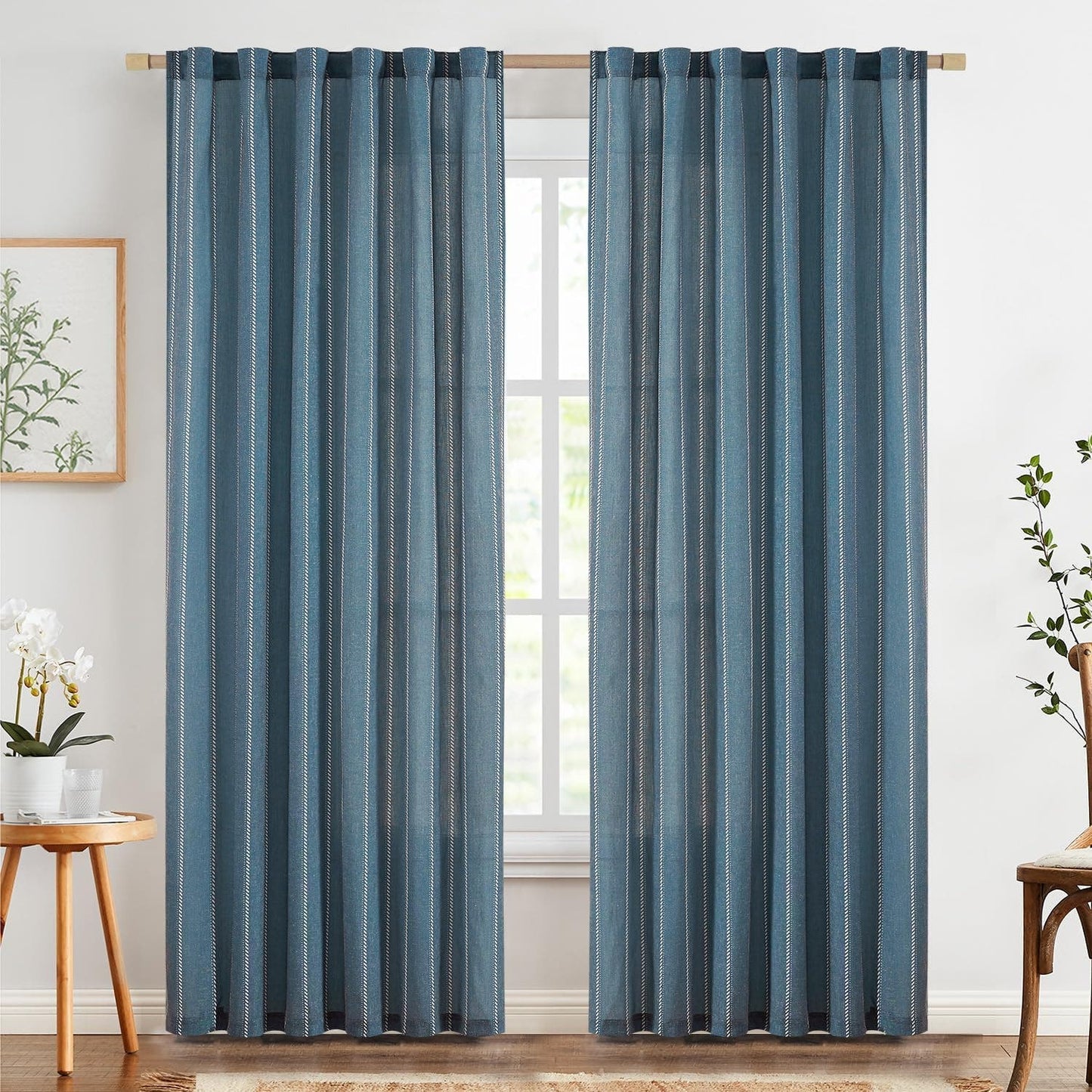 Linen Curtains 50"W x 84"L Blue Sailor Striped Panels (2) Rustic Farmhouse