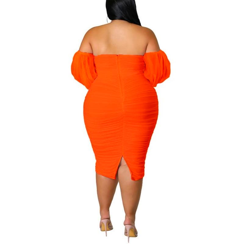 Bodycon Dress, Off Shoulder Dress Solid Color, Sexy Slim Fit, Orange 4XL