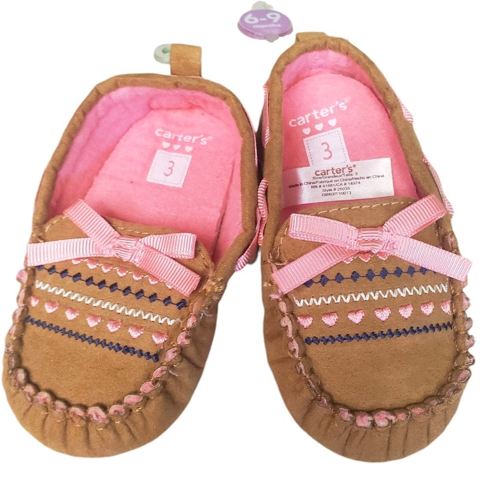 CARTER'S Baby Girls Size 3 (6-9 Months) Pink Bow, Brown Moccasins, NWT