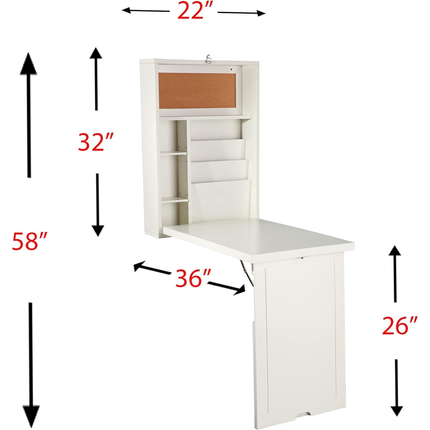 Floating Fold Down Desks with Built-In Storage, Antique White 36"D x 22"W x 58"H