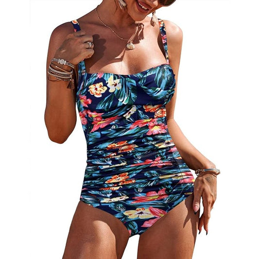 LG One Piece Swimsuit Ruched Tummy Control Bathing Suits, Retro Push Up Swimwear