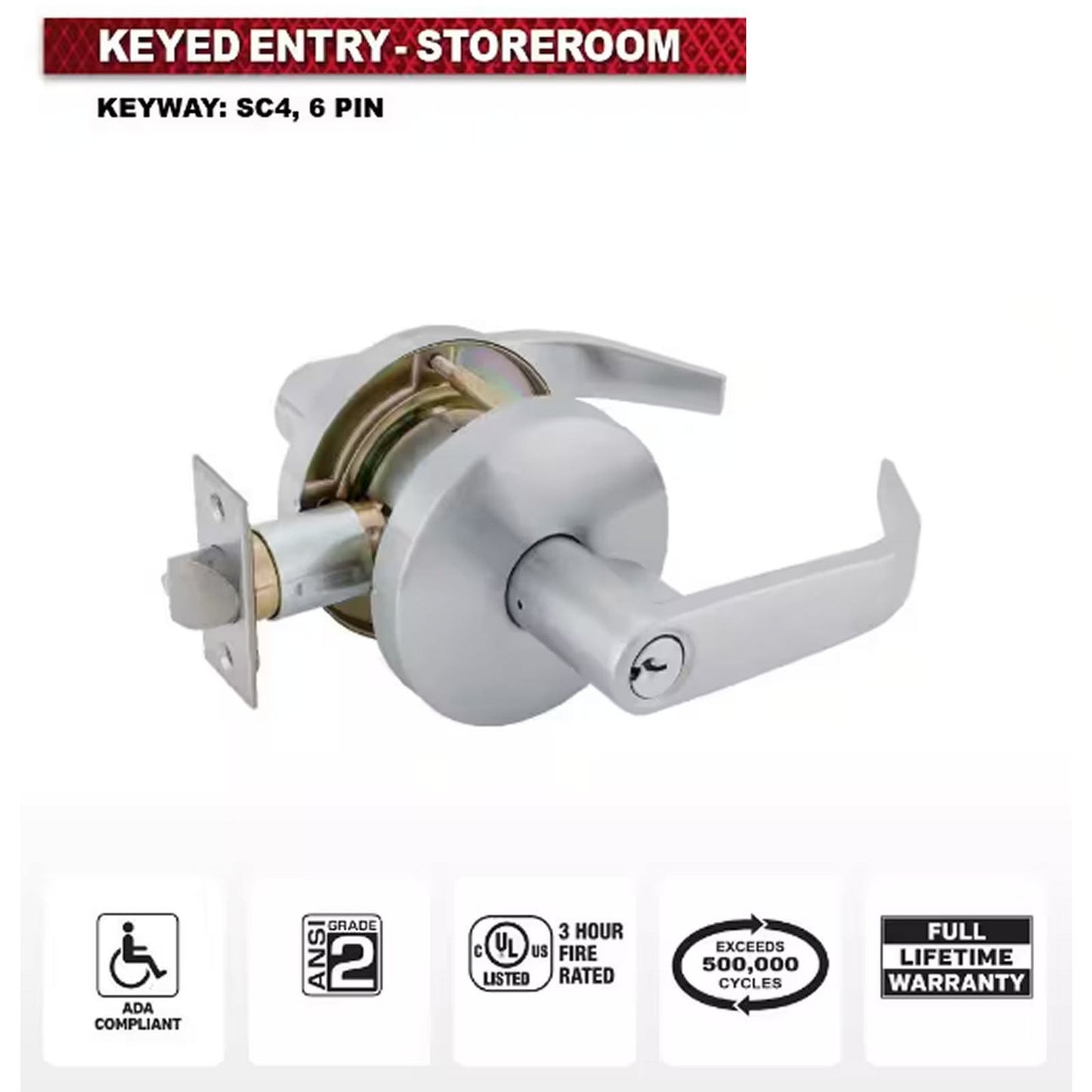 Commercial Keyed Curved Lever Cylindrical UL 3Hr Fire ANSI Grd 2, Satin Chrome