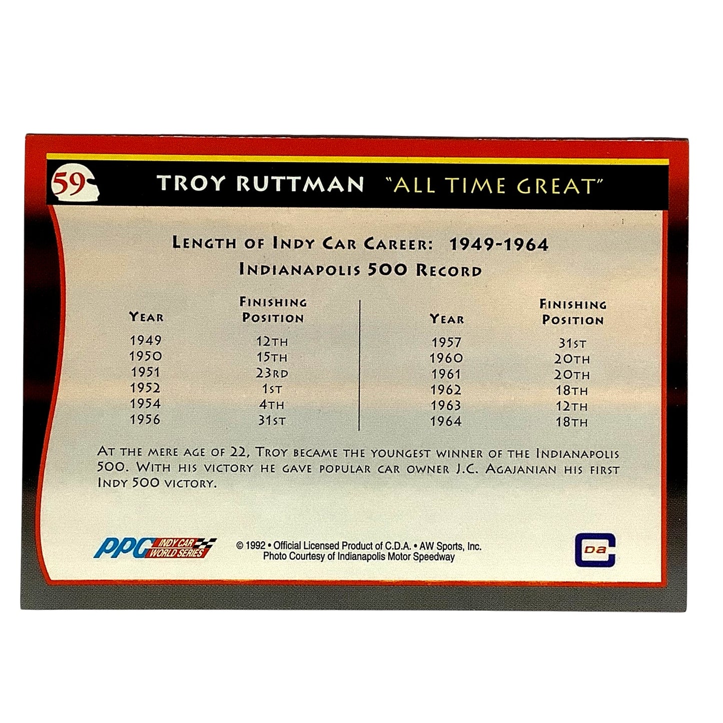 Indy - Troy Ruttman - All Time Great ('49-'64) 1992 Indy Car World Series #59 NM