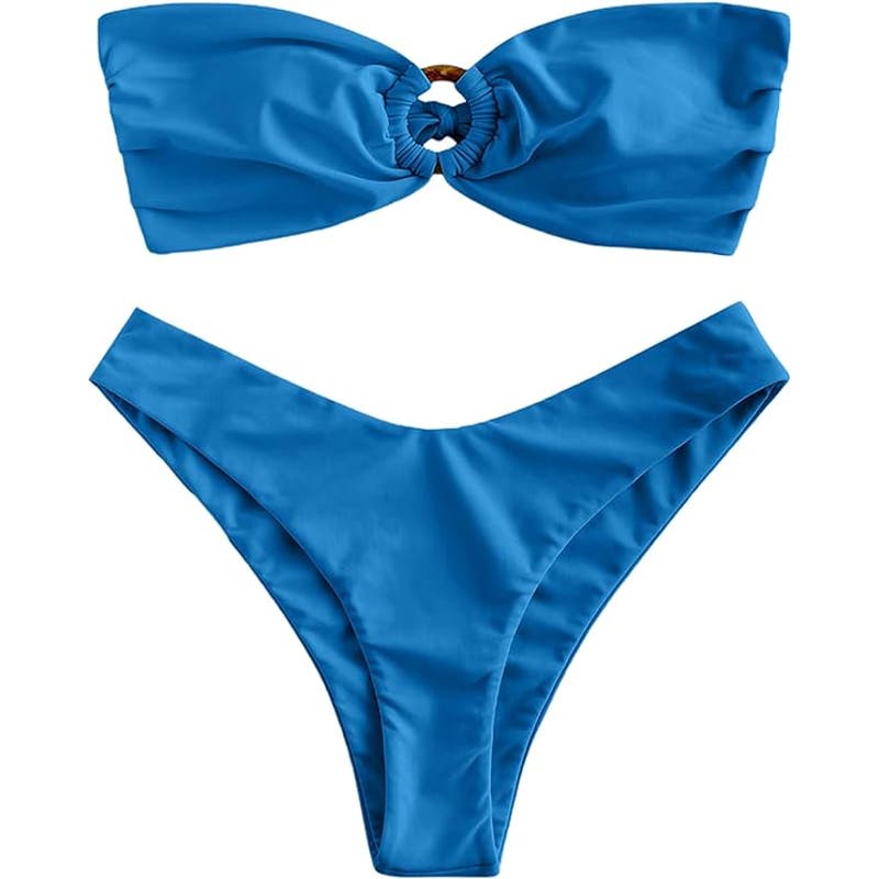 ZAFUL Blue Bandeau Bikini O Ring Strapless Tie Back High Cut Two Piece, L (8-10)