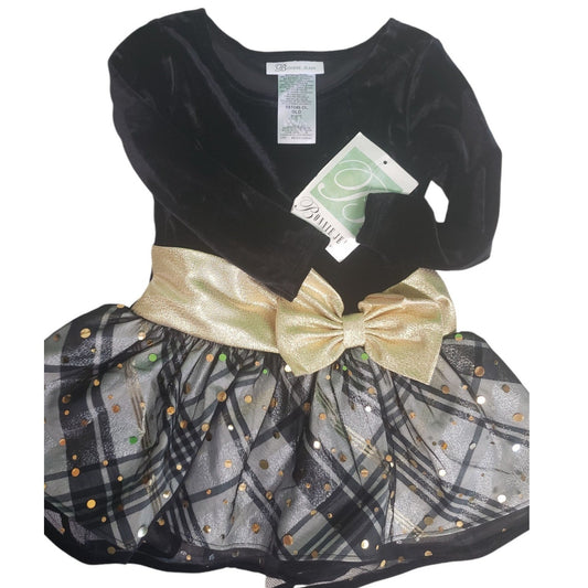 Bonnie Jean Long Sleeve Stretch Velvet to Gold Taffeta Print Hipster Dress, 2T