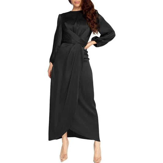 PINUPART Women's Elegant Empire Waist Long Sleeve Satin Maxi Dress, SM, Black